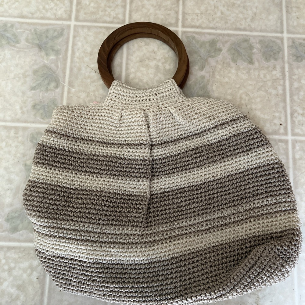Worthington Striped Crochet wood Handle Bag Cream Tan Striped 70's boho festival